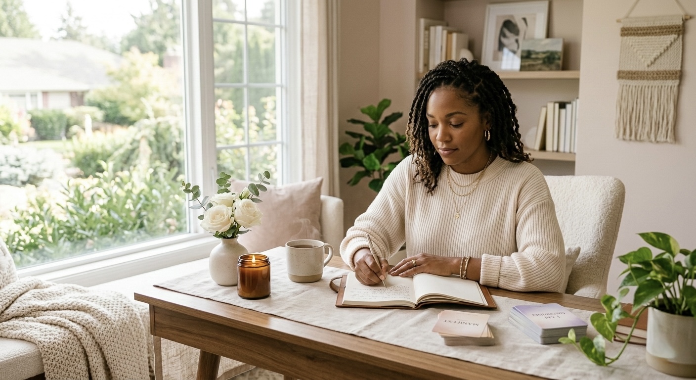 Woman journaling and reflecting in a calm setting