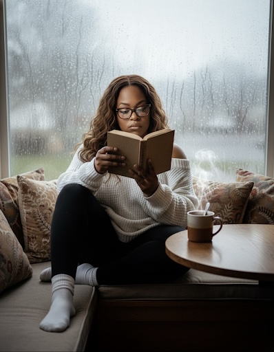 Woman reflecting with a journal in a calm, softly lit setting