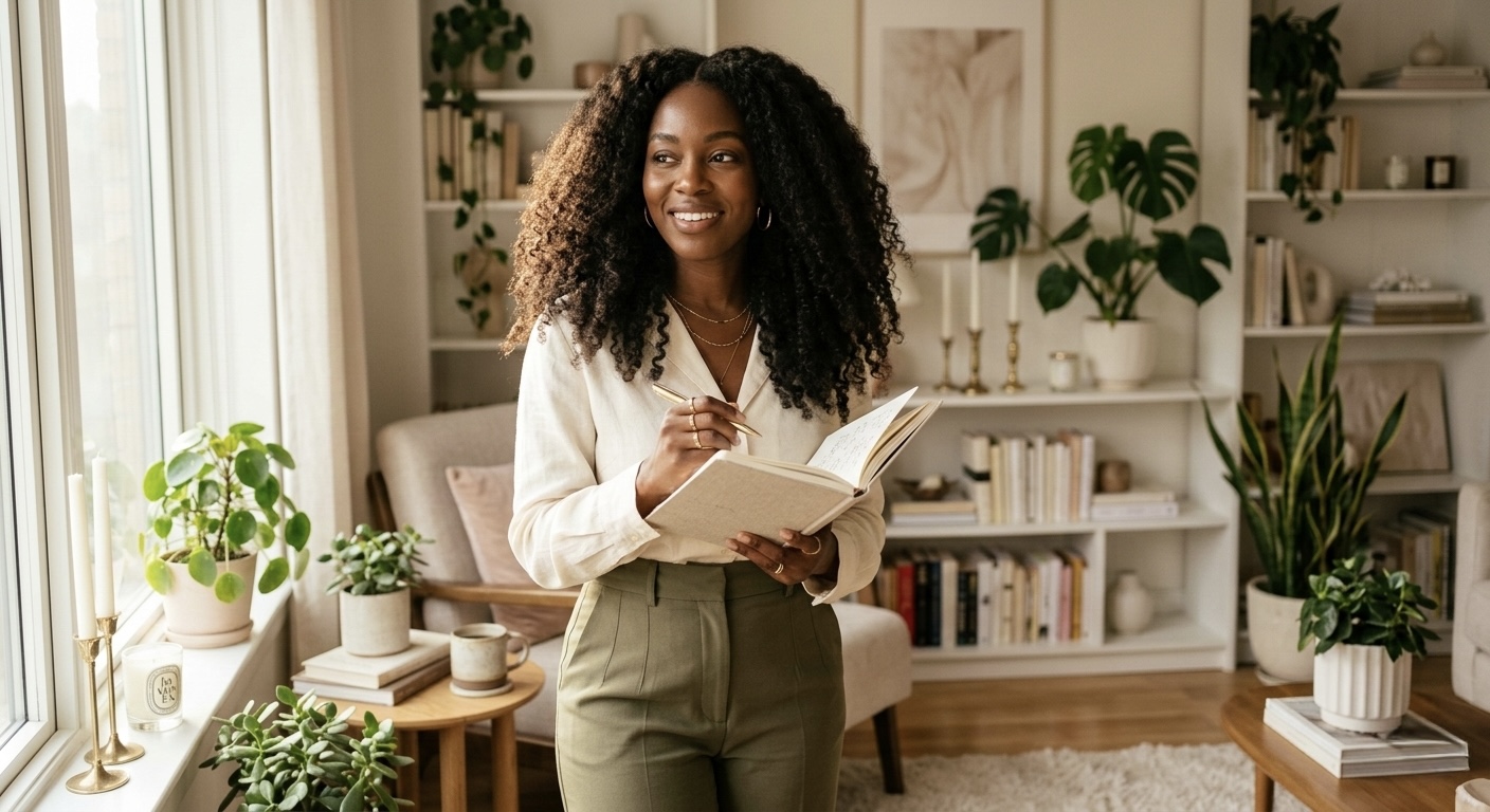 Woman holding a journal in a calm space
