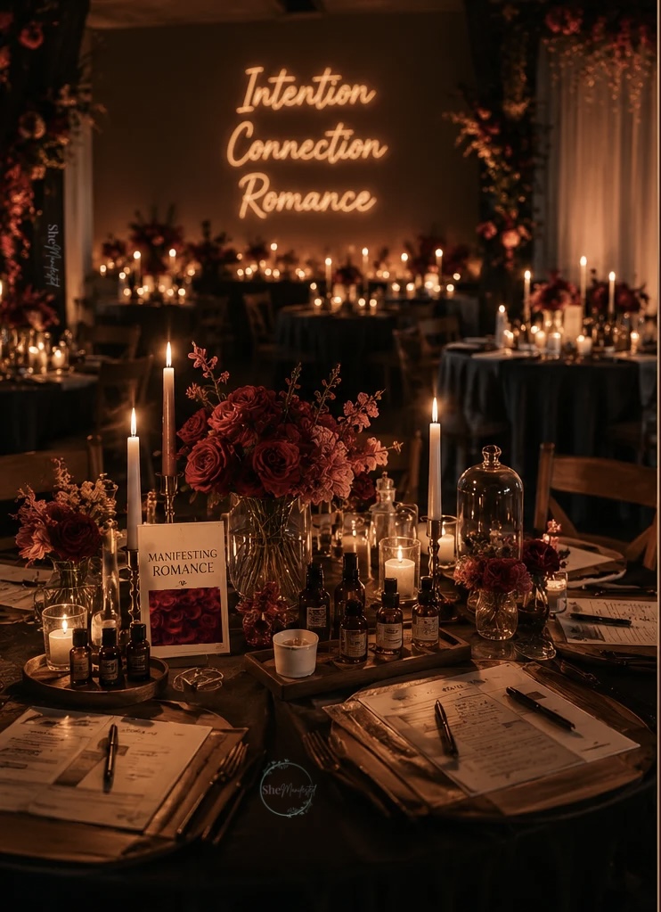 Candle lit romantic table with florals, candles and soft details